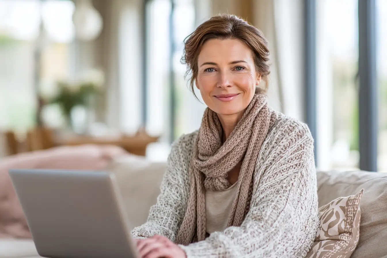 Frau sitzt lächelnd mit Laptop auf dem Sofa