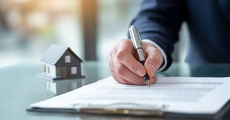 Person unterschreibt Dokument neben Modellhaus