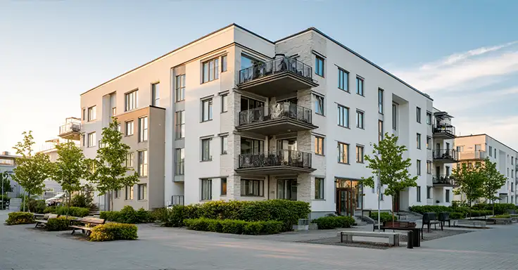 Moderne Wohnanlage mit Balkonen und Bäumen im Sonnenuntergang