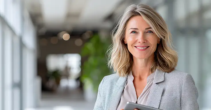 Lächelnde Frau in Büro mit Tablet