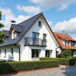 Weißes Einfamilienhaus mit Garten und blauen Dachziegeln