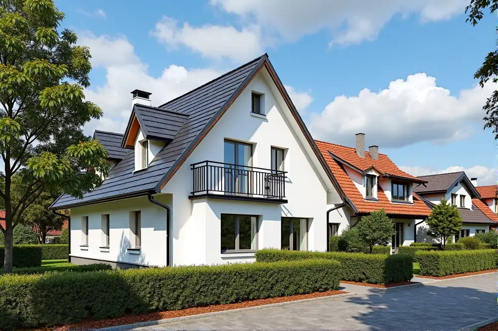 Weißes Einfamilienhaus mit Garten und blauen Dachziegeln