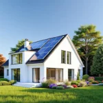 Weißes Haus mit Solarpanelen und Garten