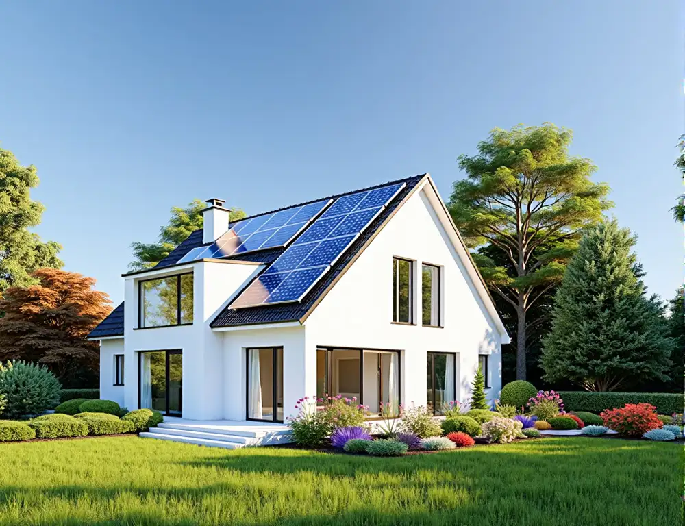 Weißes Haus mit Solarpanelen und Garten
