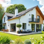 Modernes zweistöckiges Haus mit Garten und Terrasse