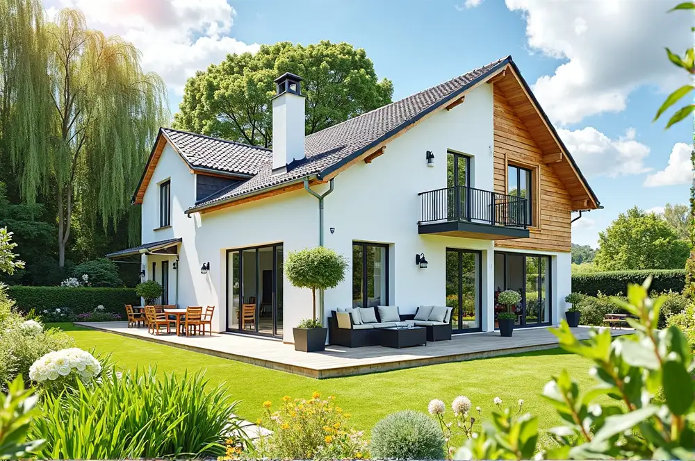 Modernes zweistöckiges Haus mit Garten und Terrasse
