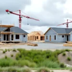 Baustelle mit Einfamilienhäusern und Kränen