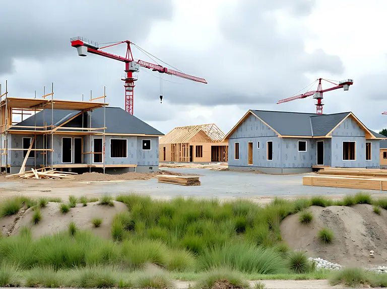 Baustelle mit Einfamilienhäusern und Kränen
