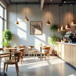 Helles, modernes Ladenlokal mit Tischen und Pflanzen