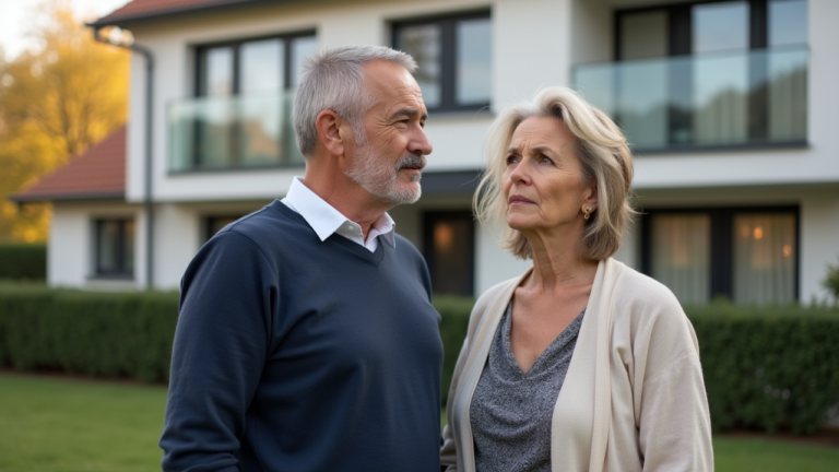 Älteres Paar vor modernem Haus im Gespräch