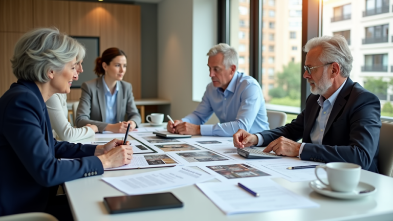 Team bespricht Immobilienverkaufsprozess am Tisch