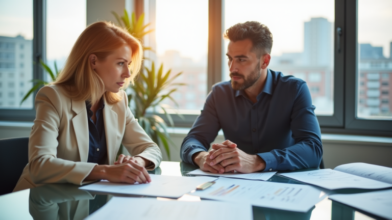 Zwei Personen diskutieren über Immobilienverkauf in Büro