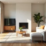 Helles Wohnzimmer mit Kamin, Sofa und großem Fenster