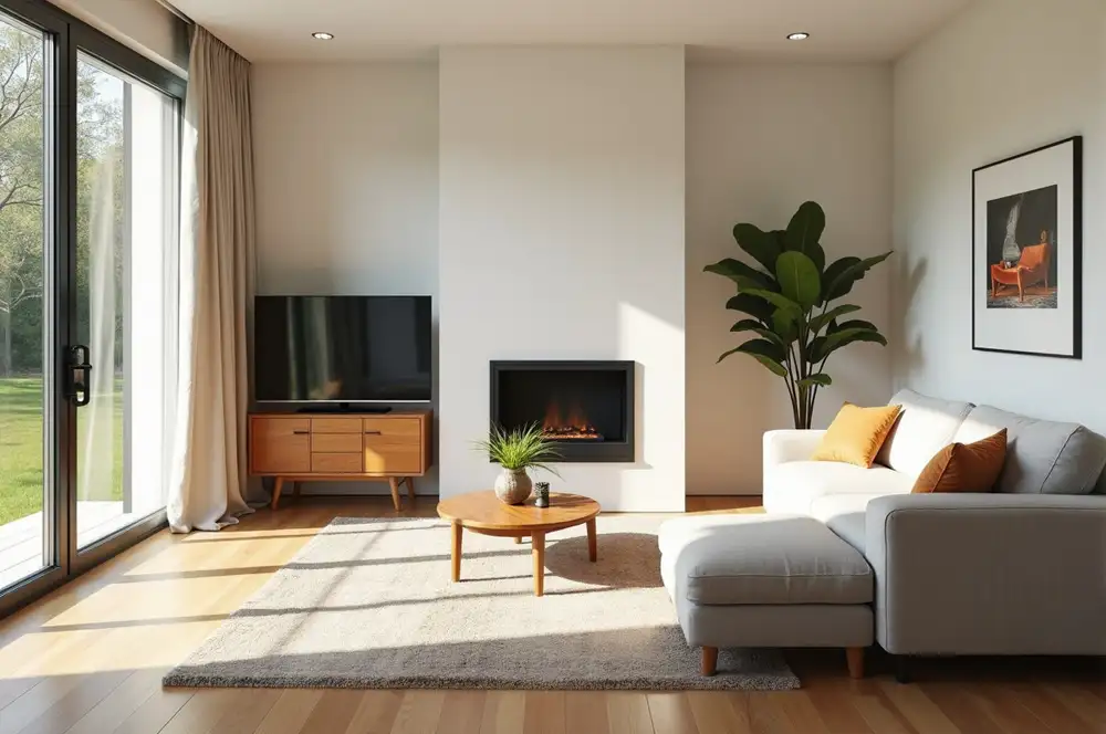 Helles Wohnzimmer mit Kamin, Sofa und großem Fenster