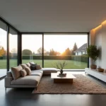 Wohnzimmer mit großen Fenstern und Kamin