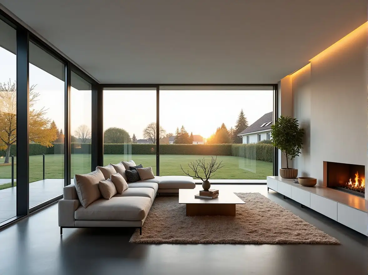 Wohnzimmer mit großen Fenstern und Kamin